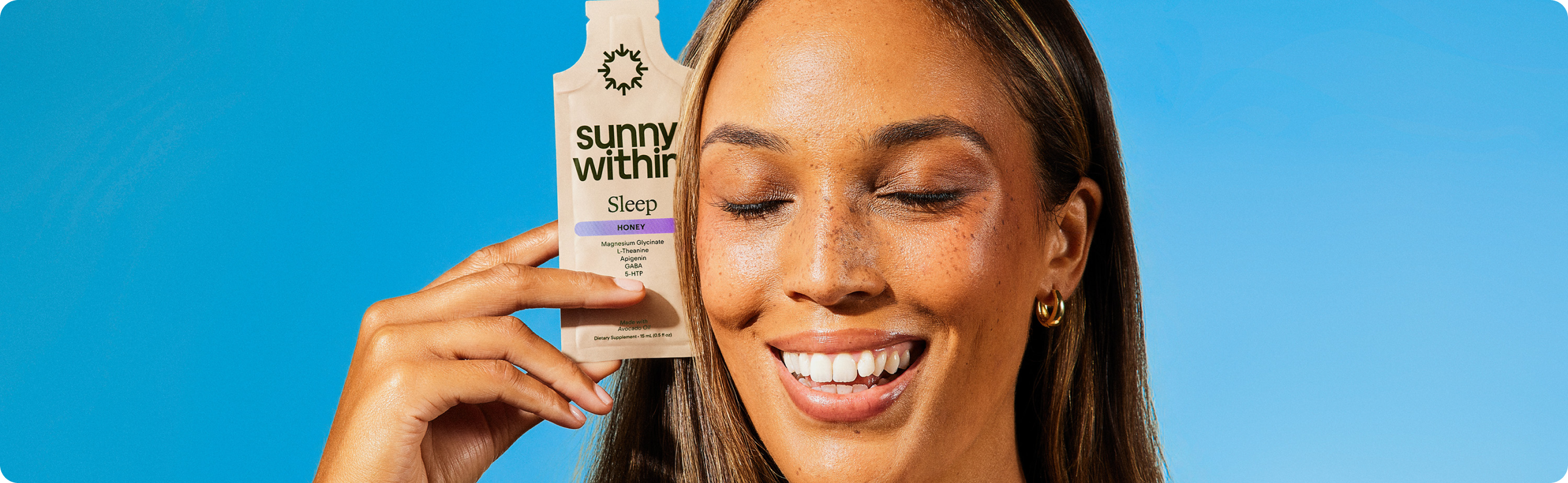 Sleep supplement by Sunny Within, promoting radiant skin and calm restful nights.