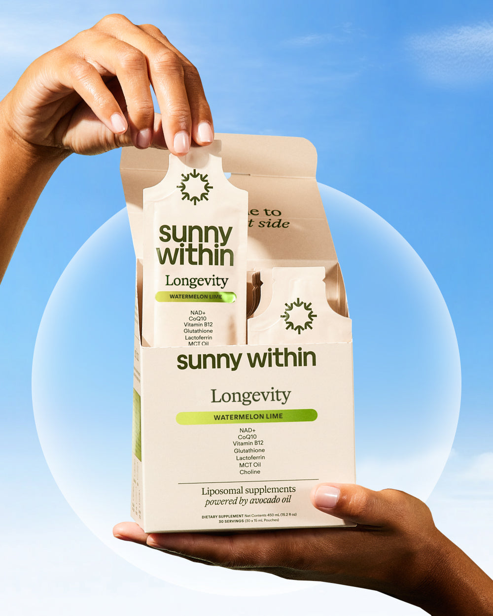 Person holding a 'sunny within Longevity' supplement package against a blue sky background