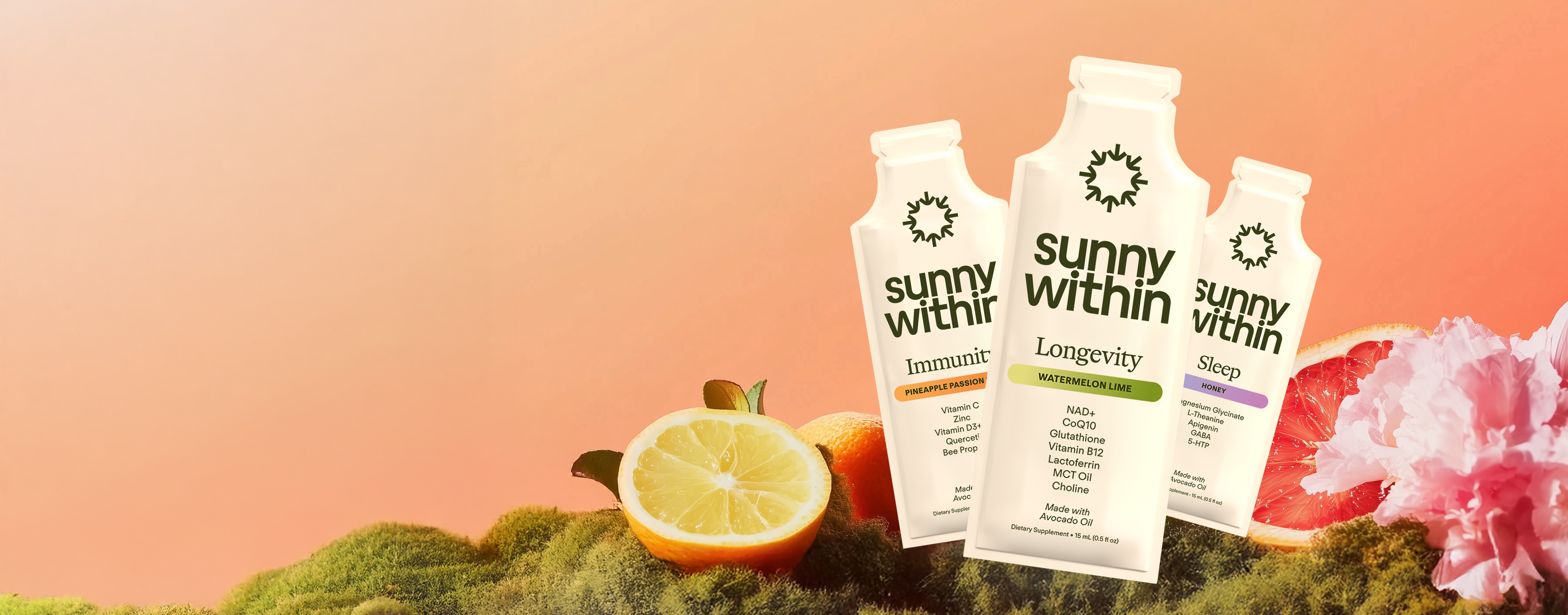 Hero product - Sunny Within's radiant liposomal supplement bottle - Fuels energy and nourishes skin.