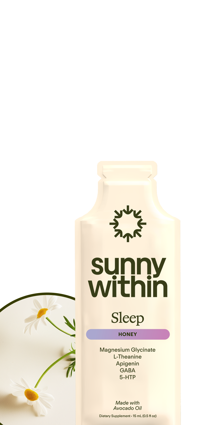 Sunny Within sleep supplement - A radiant bottle filled with golden liquid - Fuel for restful nights and energized mornings.