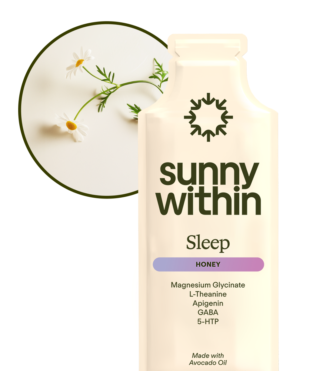 Sunny Within Sleep Supplement - Liquid bottle with organic avocado oil - Nourishes for a calm, radiant rest.